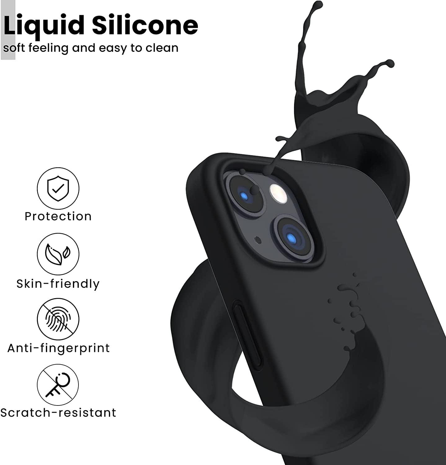 Shockproof Liquid Silicone Designed for Iphone 13 Case Gel Rubber Anti-Shock Cover Case Drop Protection 6.1Inch-Black
